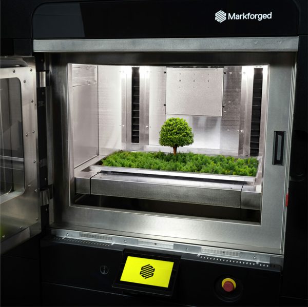 3D Printer with Tree and Shrubs illustrating sustainability